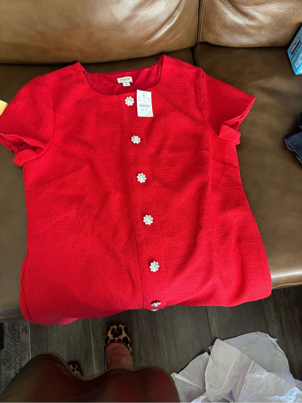 J. Crew Red Textured Short Sleeve Button Front Top with Floral Gem Buttons